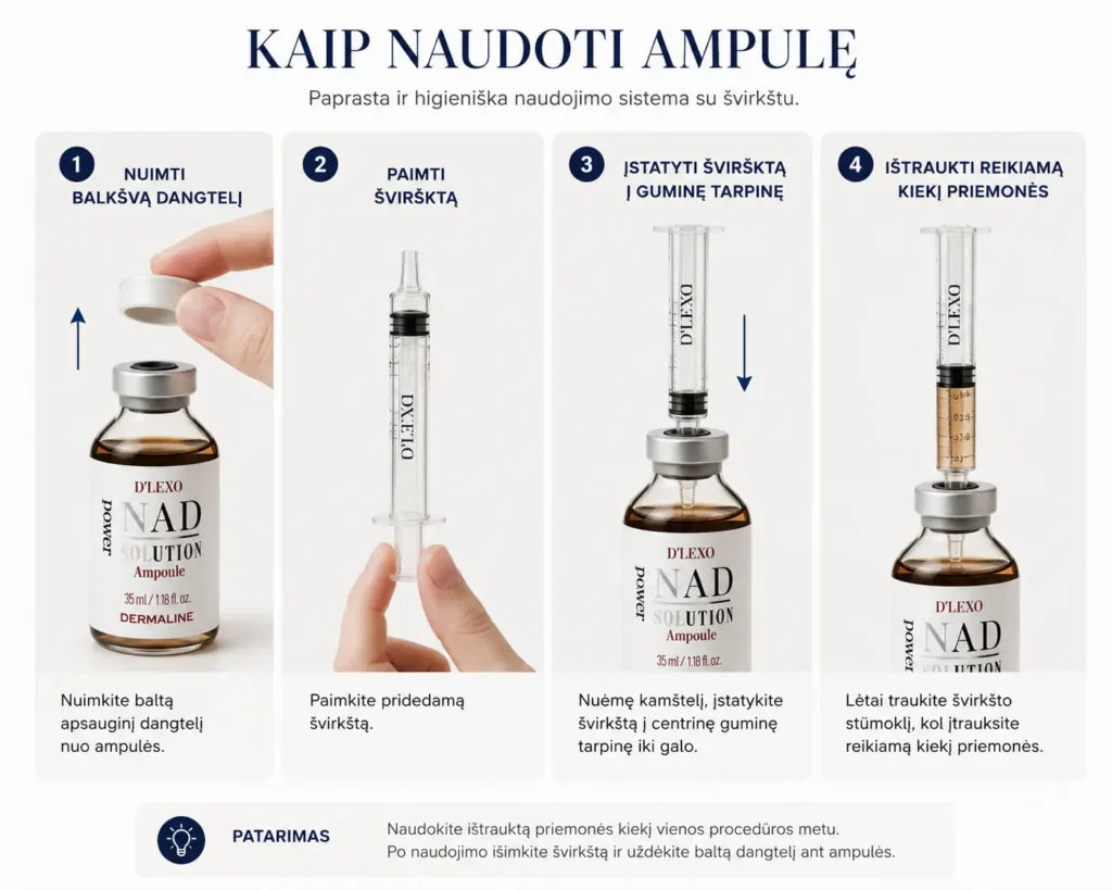 DERMALINE D’LEXO NAD Power Solution Ampoule Energizuojanti, skaistinanti ampulė su NAD, niacinamidu, 6 pažangiu peptidų kompleksu ir 7 hialuronų formų kompleksu, 35ml