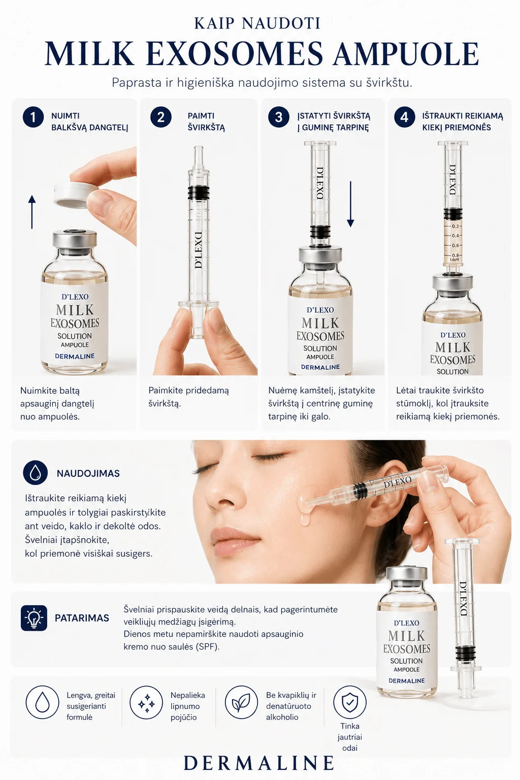 Dermaline D’Lexo Milk Exosomes Solution Ampoule su egzosomom, azijine centele ir adenozinu, 35ml