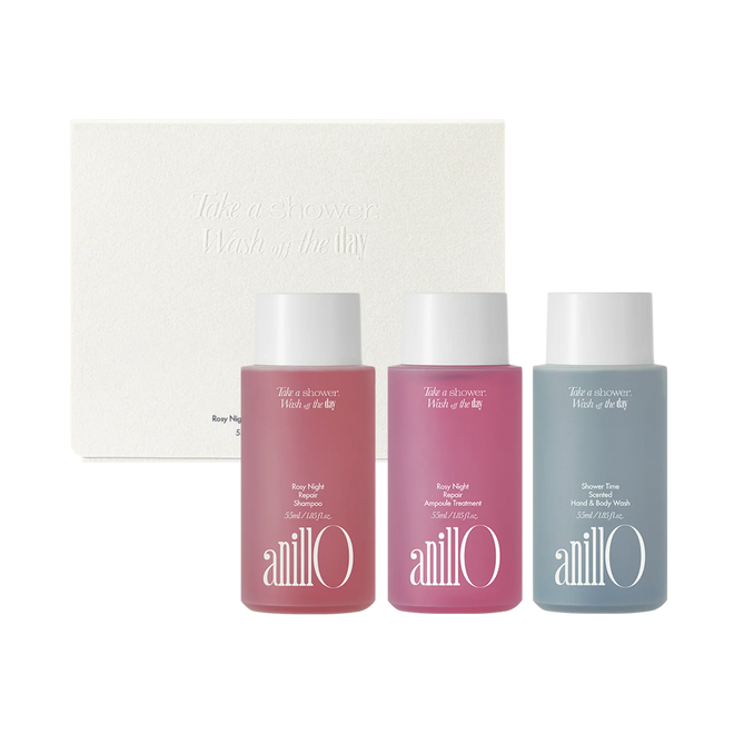 AnillO Rosy Night & Shower Time Travel Shower Kit – kelioninis kūno ir plaukų priežiūros rinkinys