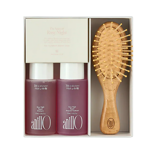 AnillO Rosy Night Repair Hair & Brush Set – plaukų priežiūros rinkinys su šepečiu