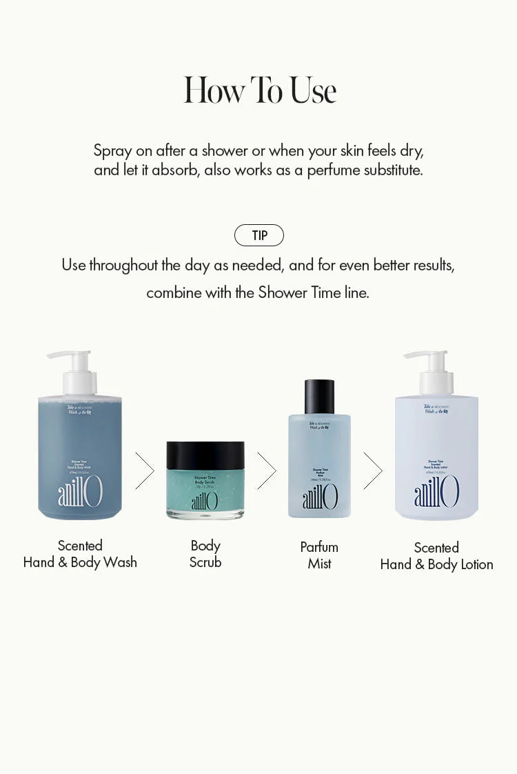 AnillO Shower Time Parfum Mist – tai daugiafunkcė kūno dulksna, 100ml