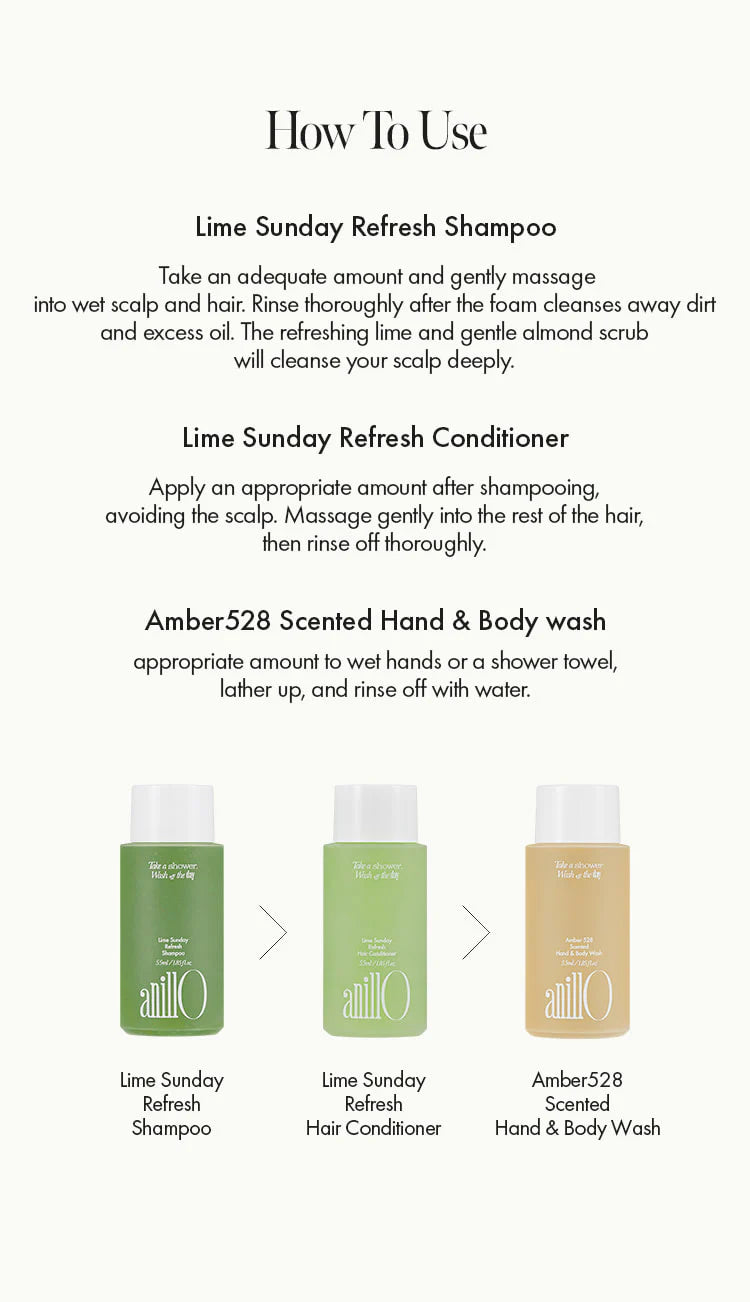 AnillO Lime Sunday & Amber528 Travel Shower Kit – kelioninis plaukų ir kūno priežiūros rinkinys