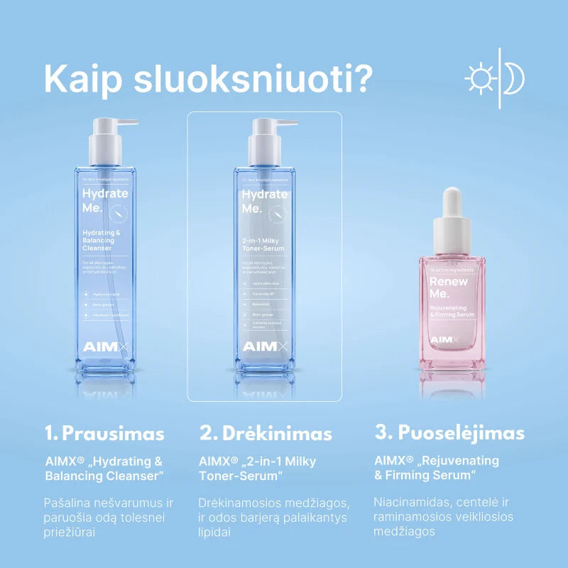 AIMX „2-in-1 Milky Toner-Serum“ Drėkinantis ir odos balansą palaikantis dvigubo poveikio tonikas-serumas, 195ml