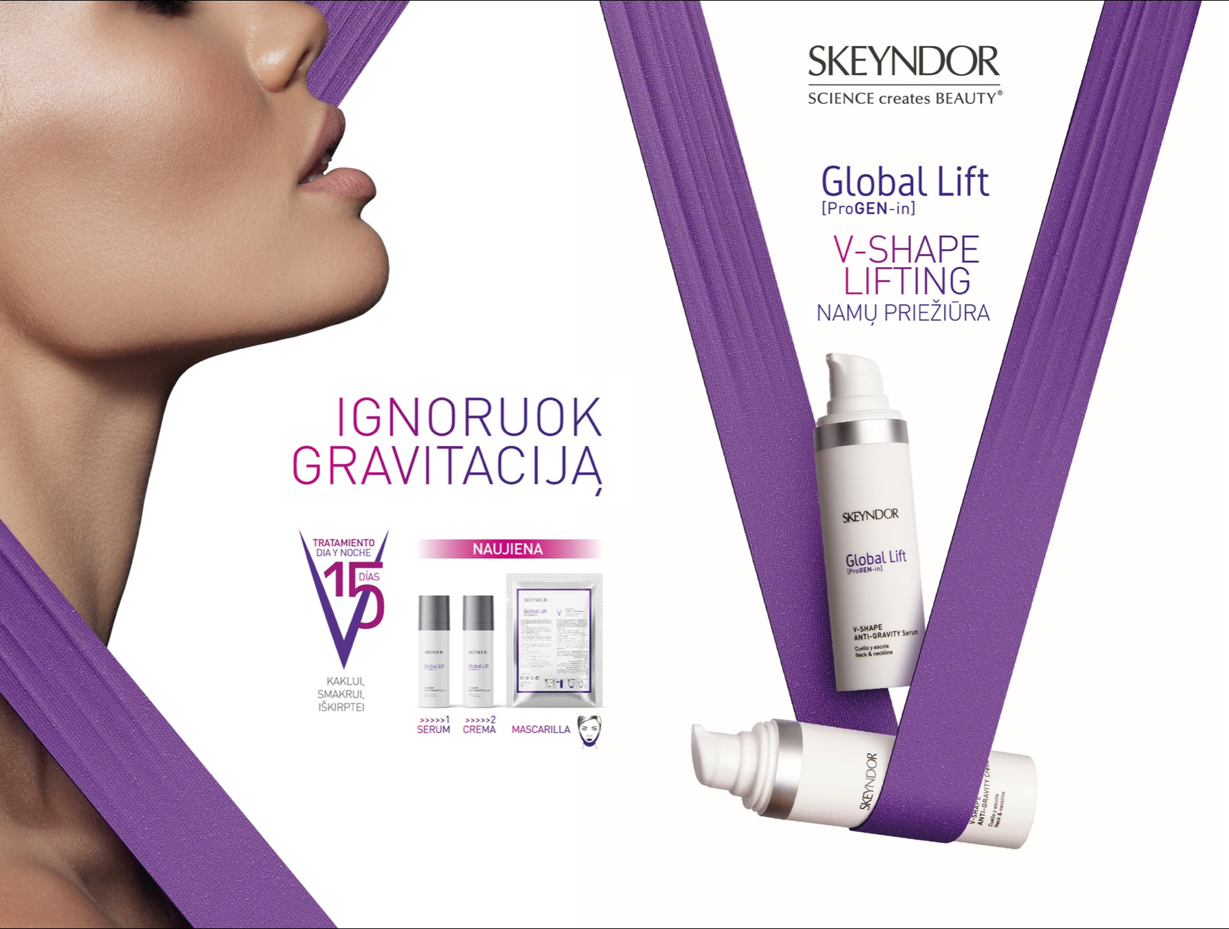 SKEYNDOR Global Lift V-SHAPE RINKINYS, dekoltė, veido ovalo, dvigubo pagurklio, kaklo stangrinimui